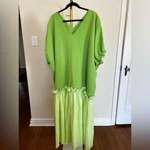 Orire green dress with ruffles/ pleats. New with tags. Oversized, medium/large.